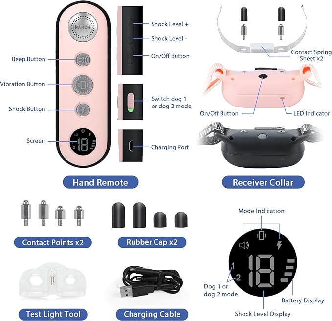 Dog Shock Collar for 2 Dogs, PAHOG 1000FT Electric Dog Training Collars for 8-120lbs Small Medium Large Dogs, Rechargeable IPX7 Waterproof E Collar with Beep, Vibration, Safe Shock Modes - Pink
