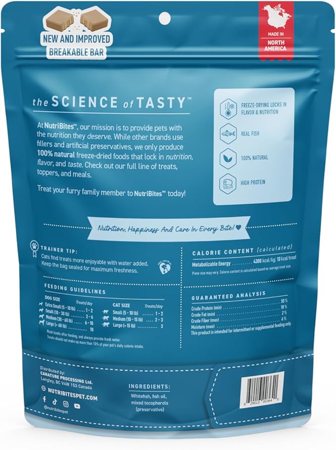 Nutri Bites Freeze Dried Whitefish Dog & Cat Treats, 9 oz | Healthy Pet Training Treats or Food Topper | All Natural, High Protein | Great for Puppy, Small, Medium, or Large Breeds