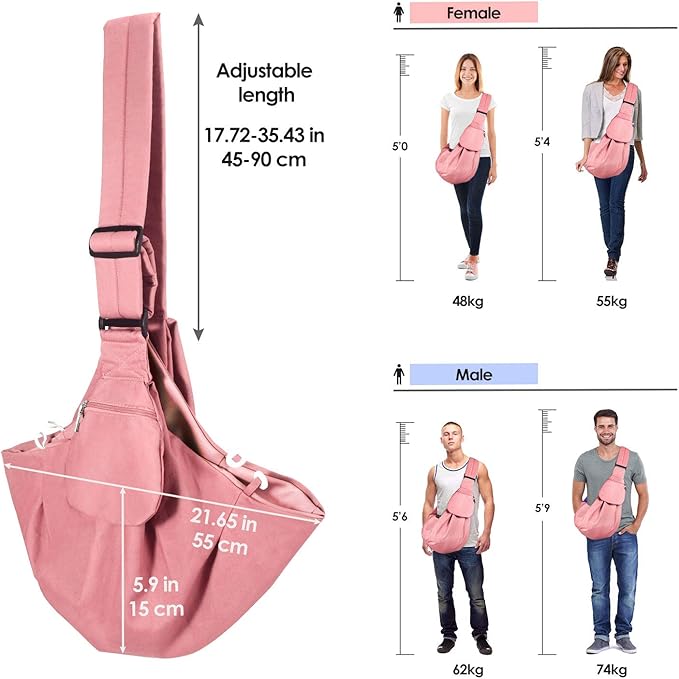 Dog Padded Papoose Sling, Small Pet Sling Carrier Hands Free Carry Adjustable Shoulder Strap Reversible Tote Bag with a Pocket Safety Belt Dog Cat Traveling Subway (5-12lbs, Pink)