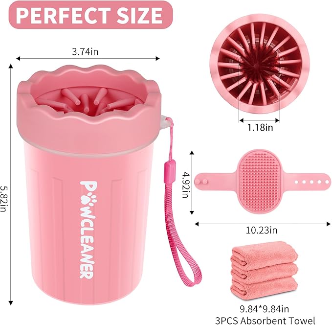Dog Paw Cleaner for Dogs, (with 3Pcs Absorbent Towels & Adjustable Dog Bath Brush) Dog Paw Washer,Buddy Muddy Pet Foot Cleaner (Pink, Medium)
