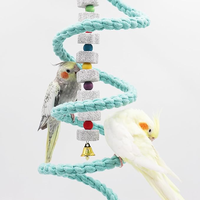 Bird Cage Accessories, Hanging Spiral Bird Rope Perch with Metal Hook, Bird Perch for Budgie, Lovebird, Parakeet, Cockatiel, Conure, Quaker, Caique, Small to Medium Birds