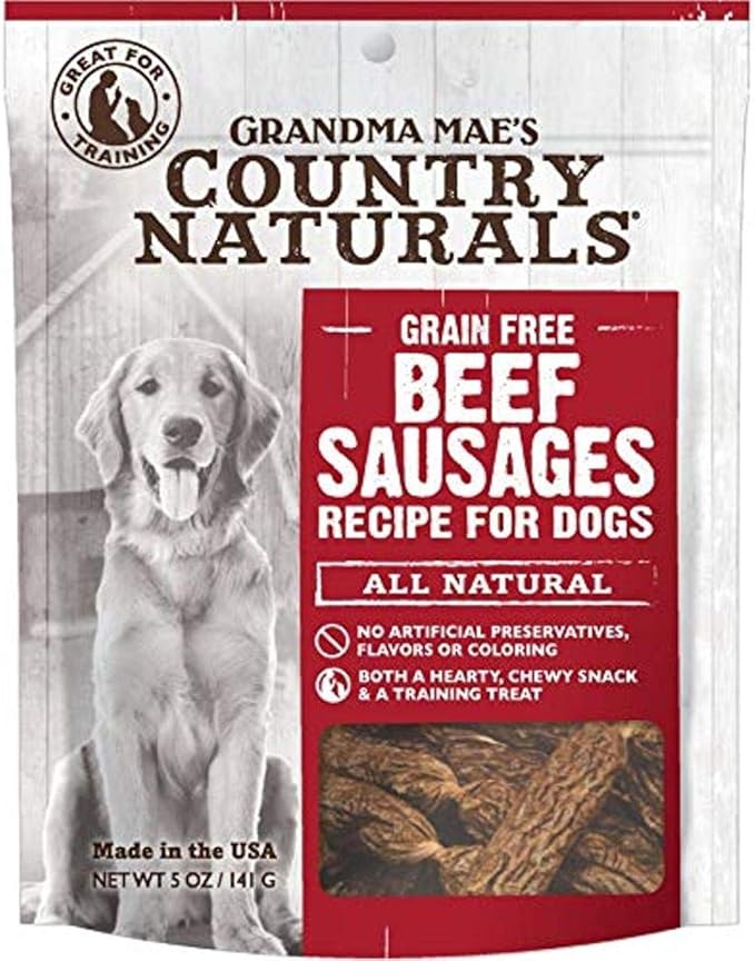 Grandma Mae's Country Naturals Grain Free Beef Sausages Chewy Dog Treats, 5 Ounces