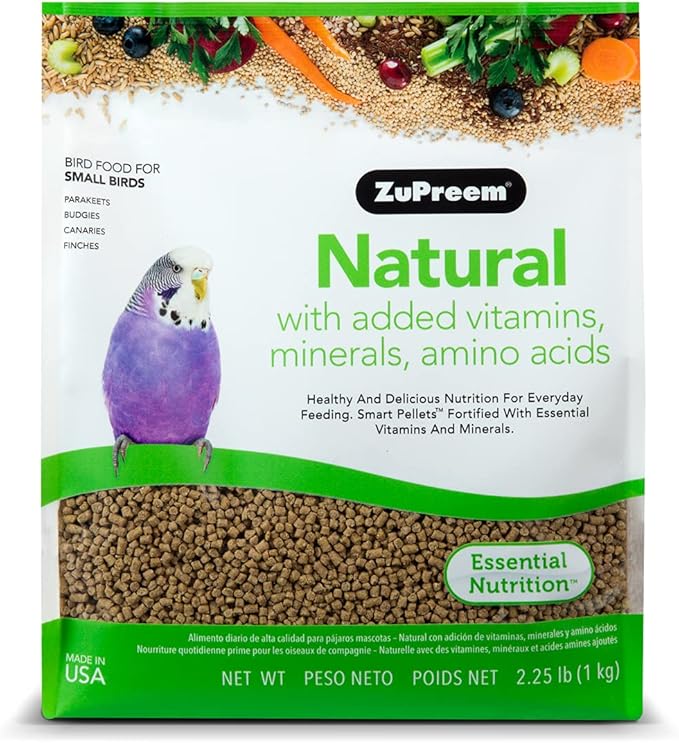 ZuPreem Natural Bird Food, Bird Feed Pellets for Parakeets, Budgies, Parrotlets, & Doves, ZuPreem Core Nutrition, Made in USA, Added Vitamins, Parakeet Food, Budgie Feed, (Small, 2.25 lb Bag)