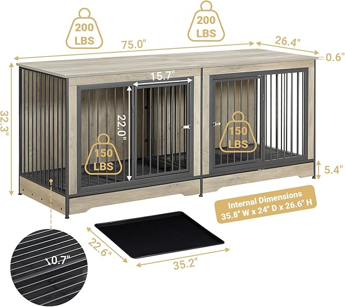 Rovibek 75'' Double Dog Crate Furniture for 2 Large Dogs, Heavy Duty Furniture Style Dog Crates End Table, Wood Crates for Dogs Kennel Indoor with Double Door, Grey