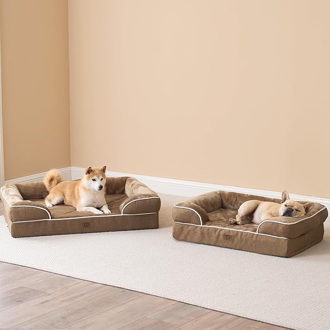 EHEYCIGA Orthopedic Dog Beds for Large Dogs, Waterproof Memory Foam Large Dog Bed with Sides, Non-Slip Bottom and Egg-Crate Foam Large Dog Couch Bed with Washable Removable Cover, Camel