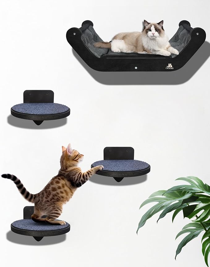 Wooden Cat Wall Shelves with 3 Steps – Space-Saving Wall Mounted Cat Tree Set, Modern Climbing Wall Furniture & DIY Shelves Kit for Small Apartments, Cat Bed for Sleeping, Playing and Climbing
