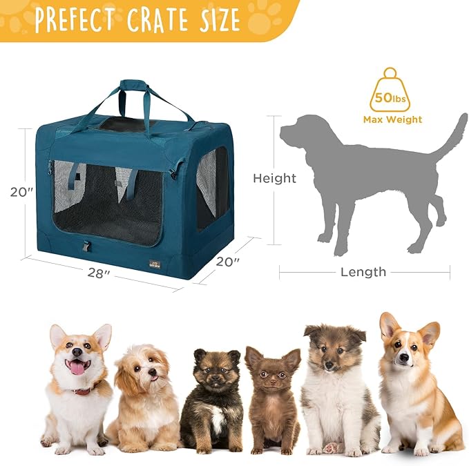 28 Inch Collapsible Soft Large Dog Crate, 3 Door Portable Dog Crates for Large Dogs, Soft Sided Dog Kennel with Chew Proof Mesh Windows, Dog House Indoor & Outdoor, Travel Dog Crate