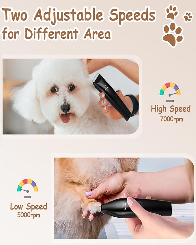 4 in 1 Dog Clippers for Grooming Paw Trimmer, USB-C Rechargeable Dog Grooming Clipper Kit Nail Ginder with Two Speeds, Cordless Pet Cat Trimmer Shavers for Thick Hairs for Poodle, Small Pets