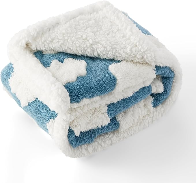 Lesure Waterproof Puppy Blanket for Small Dogs - Washable Double Sided Dog Blankets with Warm Jacquard Shag and Soft Sherpa Fleece, Pet Cat Blanket for Couch Protection, 3D Textured Cloud, Blue
