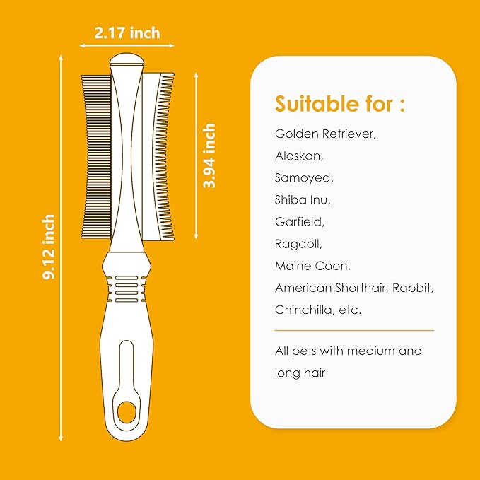 2 in 1 Dog & Cat Deshedding Brush & Grooming Comb, Double Sided Professional Brush for Short Medium or Long Hair, Effectively Remove Dead & Floating Hair