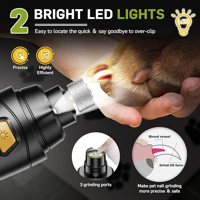 Dog Nail Grinder Super Quiet Dog Nail Trimmers 3 Grinding Wheels 3 Speed Rechargeable Pet Nail Grinder LED Display Dog Nail Clippers Kit for Large Medium Small Dogs Cats Dog Nail File Toenail Clippers