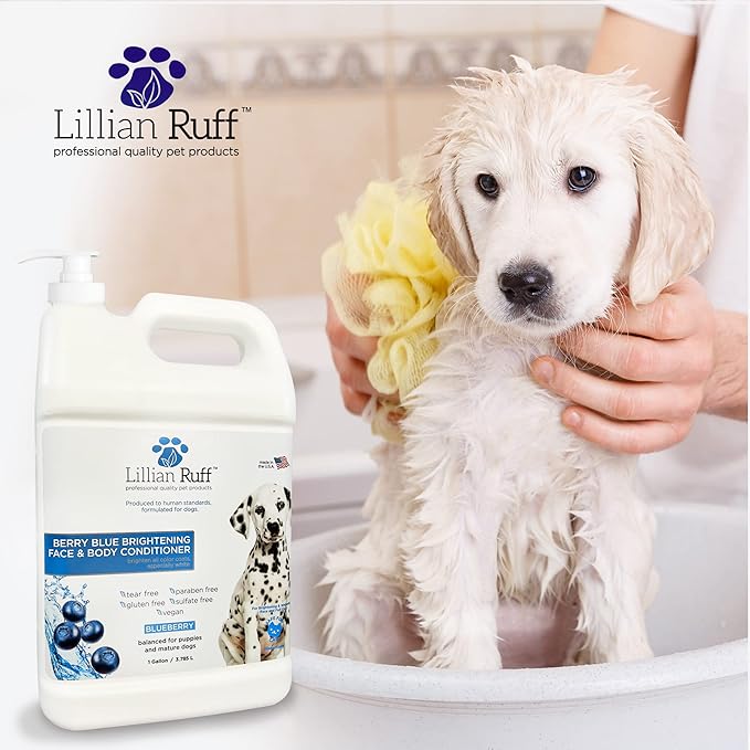 Lillian Ruff Berry Blue Brightening Face & Body Conditioner for Dogs & Cats - Tear Free Blueberry Conditioner - Remove Tear Stains, Hydrate Dry Skin, Add Shine & Luster to Coats - (Gallon W/Pump)