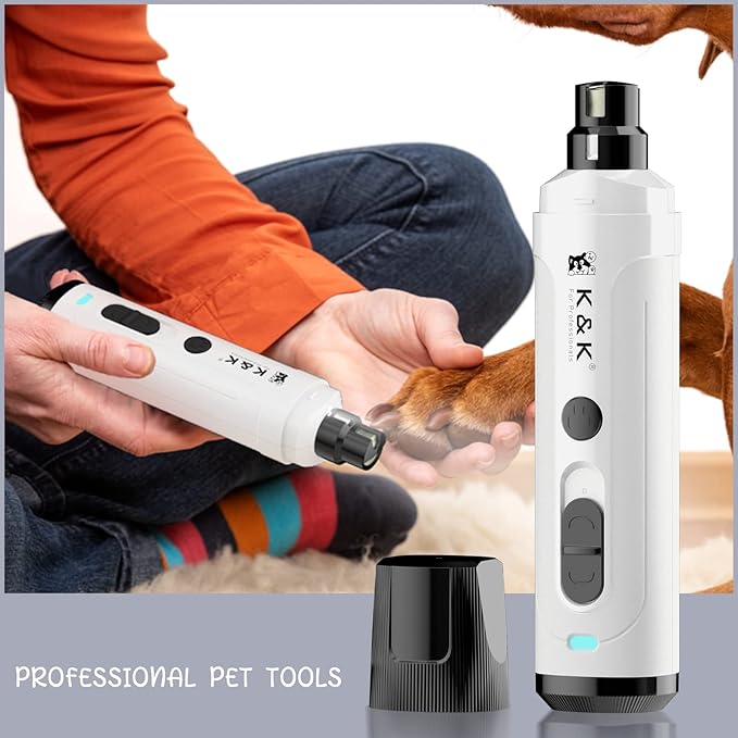 K&K Dog Nail Grinder with 2 LED Light for Large Medium Small Dogs Professional 2-Speed Powerful Electric pet Nail Clipper which Gentle and Painless Paws Grooming & Smoothing Tool (White)
