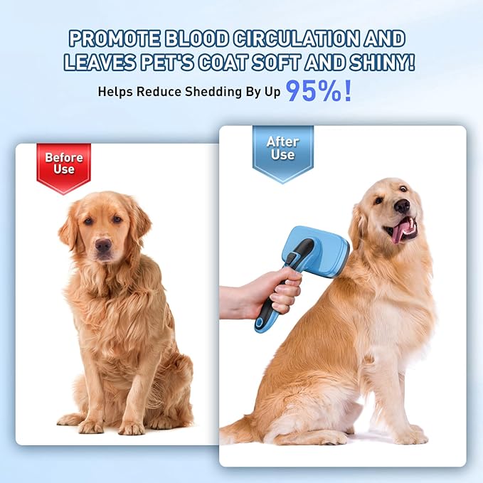 Dog Brush for Shedding, Self-Cleaning Slicker, 3 PCS Kit with Bath Brush & Comb, Perfect for Short & Long Haired Pets, Removes Mats, Tangles, Fur, Gentle on Skin, Ideal for All Dogs. Blue