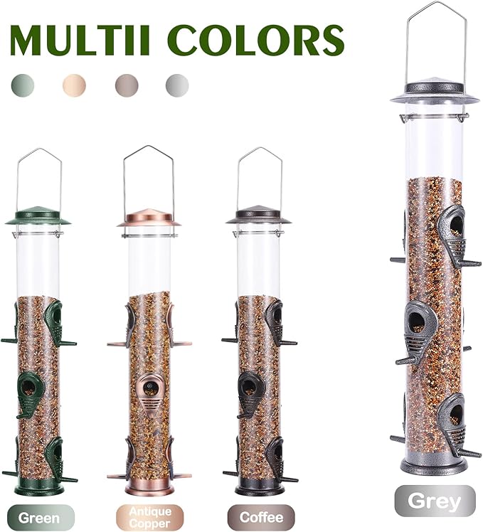 MIXXIDEA 2PK Metal Wild Bird Feeder Squirrel Proof Bird Feeders for Outside Hanging 6 Port Tube Bird Feeder Transparent Finch Feeder with Steel Hanger (Grey)