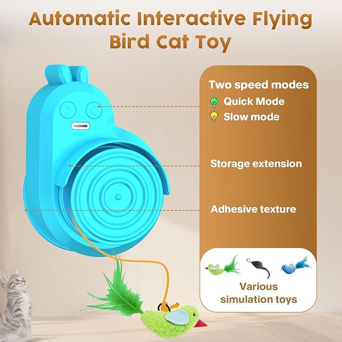 Interactive Cat Toys for Indoor Cats - Automatic Flying Bird & Mouse Wand Enrichment Toy, Hands-Free or Handheld USB-Rechargeable Safe Play Chase Exercise for Bored Kittens and Adult Cats