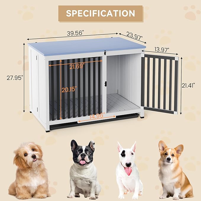39.5in Furniture Dog Crate, Large/Medium Dog Crate End Table, Solid Wood Portable Foldable Indoor, No Assembly Needed (White and Blue)