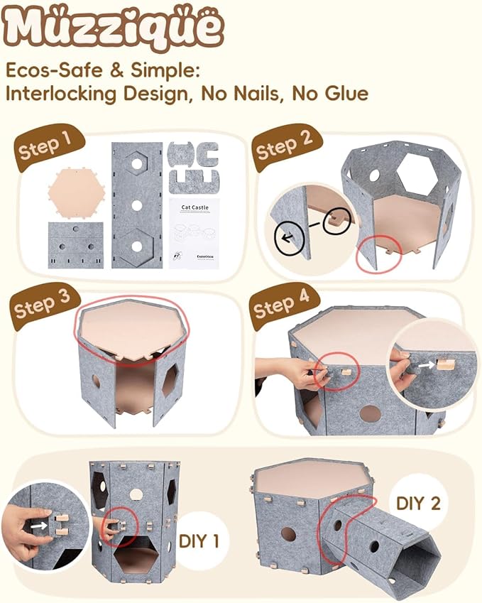 Cat Play House for Indoor Cats & Small Dogs, Muzzique Expandable Modular Felt Pet Tunnel Castle, Large Scratch Kitten Condo, Stackable Kitty Cave Platform, Sleeping Puppy Bed, XL Nest with Hair Brush