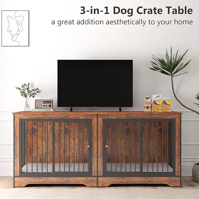 Rovibek Double Dog Crate, TV Stand, 75 Inch Dog Crate Furniture for 2 Dogs, Dog Kennel Indoor with Double Doors, Dog Cage with Removable Divider for Large Medium Dogs, Brown