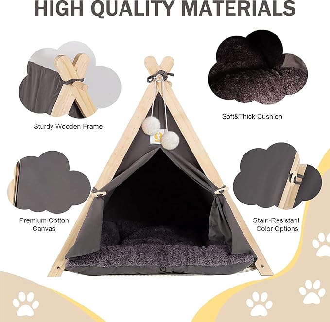 Pet Teepee Tent for Small Dogs & Cats, Portable Puppy Bed with Thick Cushion, Cat Teepee Washable Tent Dog Teepee Bed for Small Pets Up to 25lbs Indoor Outdoor