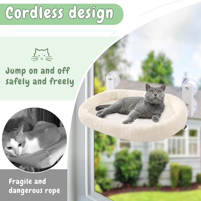 Sunhoo 2PCS Cat Window Perch Hammock Cordless Kitty Sunny Bed Seat Window Sill Shelf for Inside Cats Foldable Lounger with 4 Strong Suction Cups Soft Plush Cover 21*11.8 in Holds up to 40lbs (White)