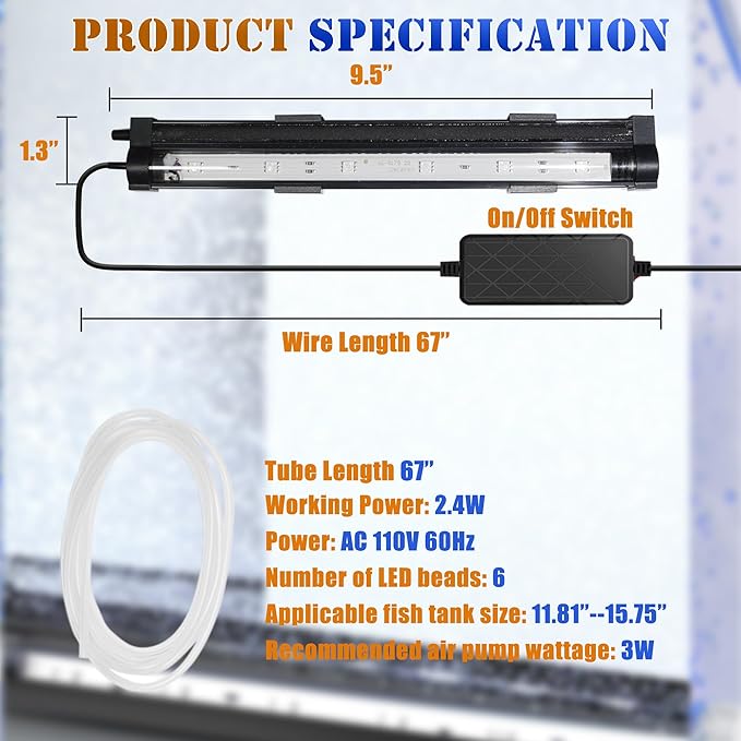 Smart App-Controlled LED Aquarium Light with 16 Million Colors, 12 Dynamic Effects, Fish Tank Light with Nano Air Bubble for Aquarium Bubbler Decorations, Submersible Fish Tank Accessories - 9.3''