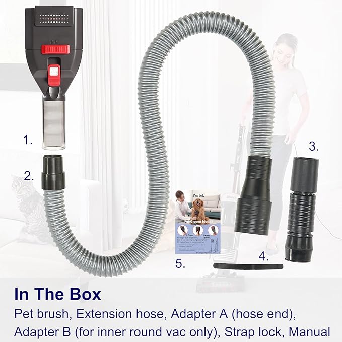 Dog Hair Vacuum Attachment for Most Vacuums, Pet Shedding Grooming Brush Tool with Long Extension Hose and Universal Vac Hose Adapters (Universal)