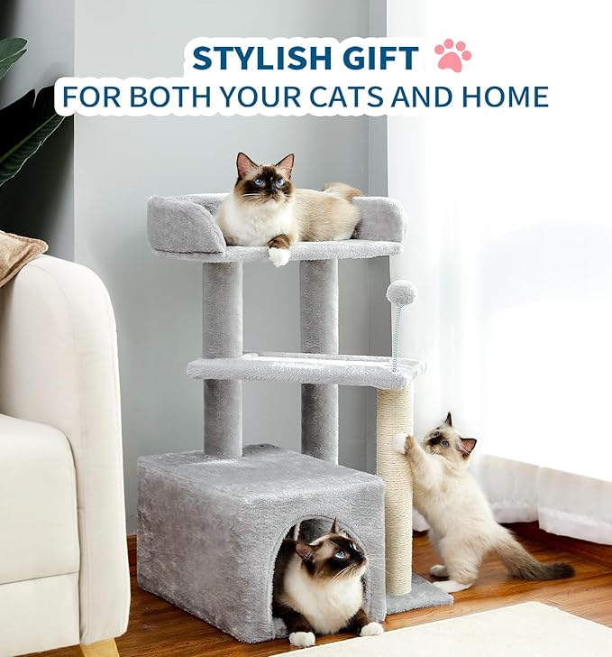 Made4Pets Cat Tree, Carpet Cat Tower Grey for Indoors Cats, Cute Wood Kitty Condo with Scratching Post and Pad, 29" Multi-Level Modern Activity Climbing Furniture for Small and Medium Cats