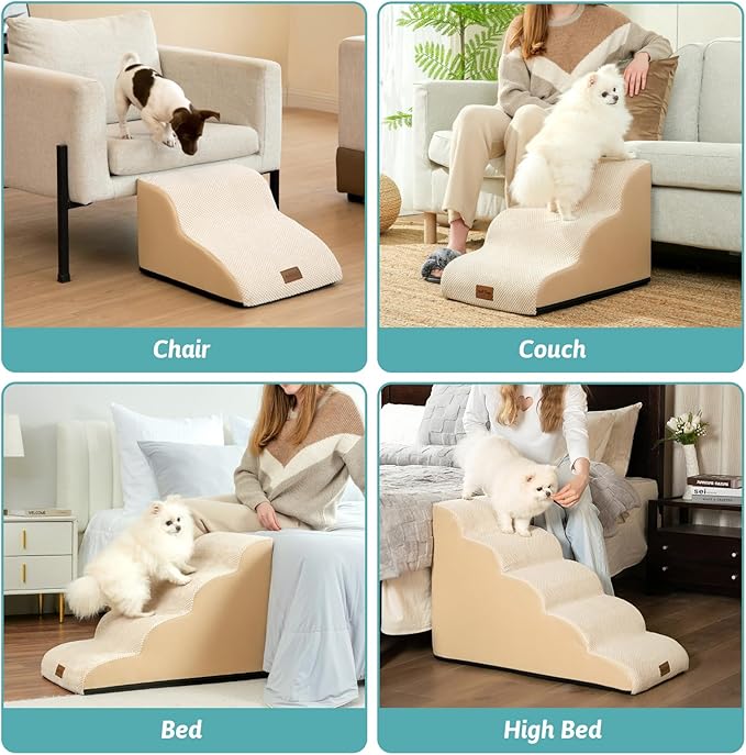 Dog Stairs for Small Dogs 11.8" H, Pet Step with Leakproof Cover, High Density Foam Cat Ramp for Chair or Sofa, Lightweight, Durable, Comfort, 15.7x19.7x11.8 inch, 2 Tiers, Beige