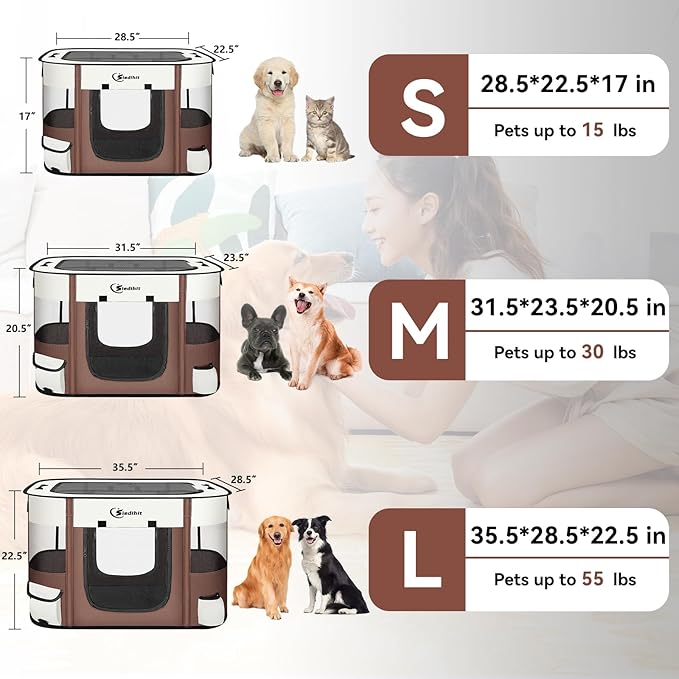 Dog Cat Playpen28/31/35in, Pet Puppy Portable Playpens for Outdoor Travel Crate, Indoor After Surgery Use, Foldable Dog Kennel Tent for Rabbit or Small Animals and Tent Stakes(Brown, Medium)