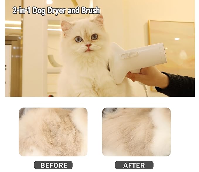 2-in-1 Dog Hair Dryer and Brush - Low Noise Operation, Overheating Protection, 3 Temperature & Airflow Settings, Self-Cleaning Button - Ideal Dog Brush for Short Haired Dogs (White)
