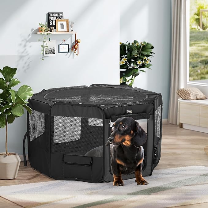 DONORO Dog Playpen Portable Pet Play Pens for Small Dog/Cat/Rabbit/Chicks, Cat Playpen Indoor/Outdoor with Carring Case, Removable Zipper Top and Bottom (Black, Small (29"x29"x15"), 8)