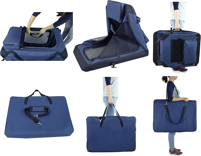 EliteField 3-Door Folding Soft Dog Crate with Carrying Bag and Fleece Bed (2 Year Warranty), Indoor & Outdoor Pet Home (42" L x 28" W x 32" H, Navy Blue)