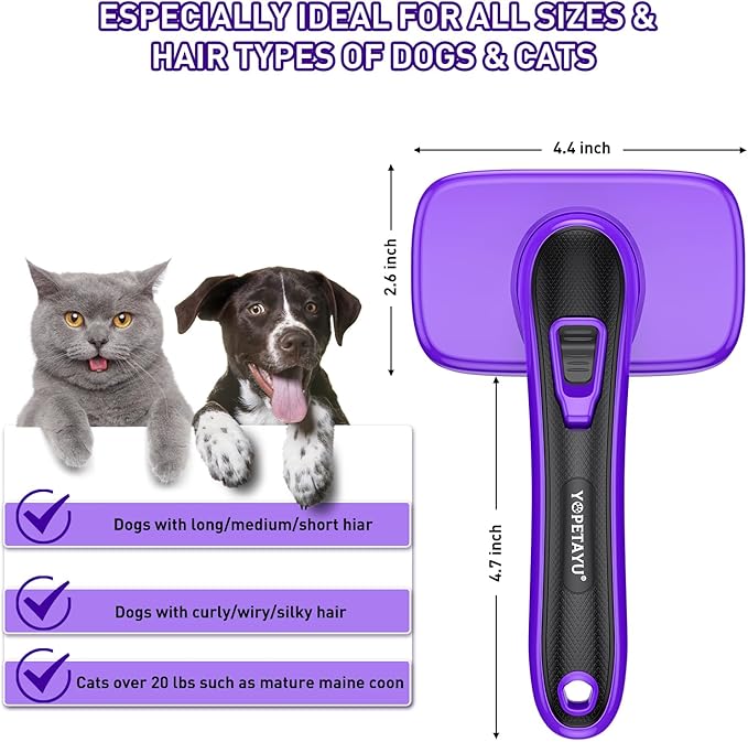 Dog Brush for Shedding, Self-Cleaning Slicker, 3 PCS Kit with Bath Brush & Flea Comb, Ideal for Short & Long Haired Pets, Removes Mats, Tangles, Fur, Gentle on Skin, for All Dogs. Purple