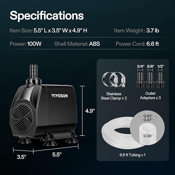 VIVOSUN 1050 GPH 100W Submersible Water Pump, Quiet Fountain Pump With 13.1 ft Head Lift, 6.6 ft Power Cord, 3 Nozzles, Tubing, & 2 Clamps, For Fish Tank, Pond, Aquarium, Hydroponics
