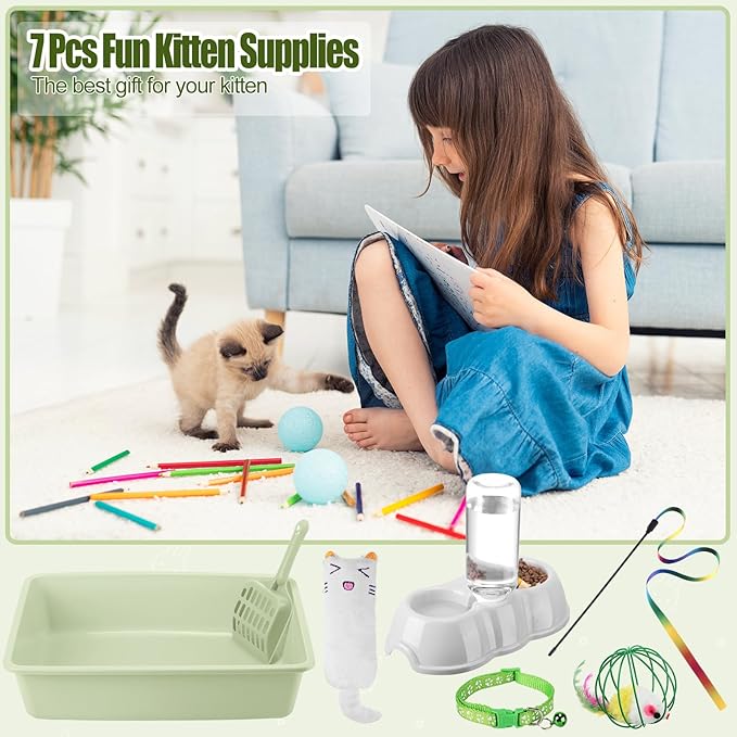 7 Pcs Small Cat Kitten Starter Kit Cat Litter Box with Shovel Paw Litter Mat Double Automatic Kitten Bowls Toy Teaser Stick Collar Essentials Kits for 1-3 Lbs Beginner(Simple,Green)