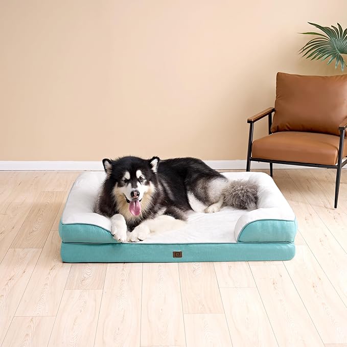 EHEYCIGA Orthopedic XL Dog Beds, Waterproof Memory Foam Dog Bed for Extra Large Dogs, Non-Slip Bottom and Egg-Crate Foam Big Dog Couch Bed with Washable Removable Cover, Turquoise Blue