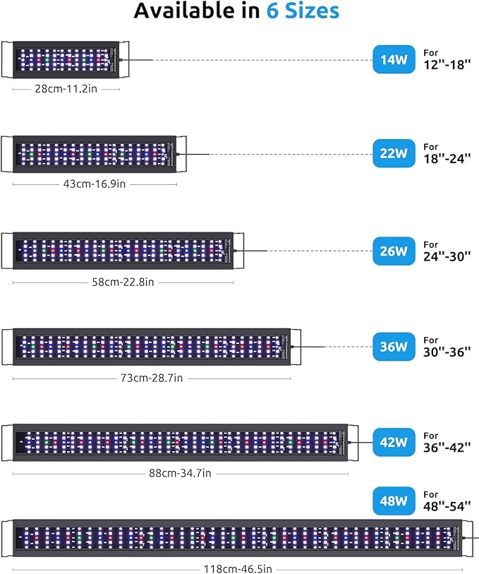 SEAOURA Aquarium Light for Fish Tanks, 24-30in Full Spectrum LED Lights with Temp Alarm, 3 Timers Auto On/Off with Memory Function, WRGB Custom, 20 Level Dimmable Brightness for Freshwater Plants