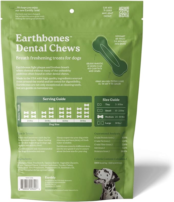 Earthbones (Formerly Terrabones) Dental Chews, Dog Teeth Cleaning Treat, USA Made, Medium, 10 Treats