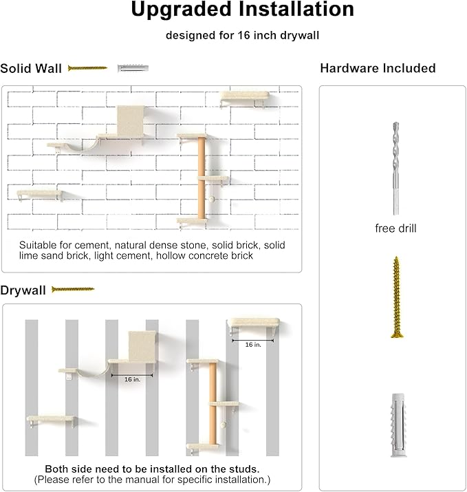 FUKUMARU Cat Wall Shelves, Stable & Safe 4 in 1 Large Cat Walls Furniture Set, Wooden Kitten Climbing Wall with Scratching Post for 16 Inch Drywall - Beige