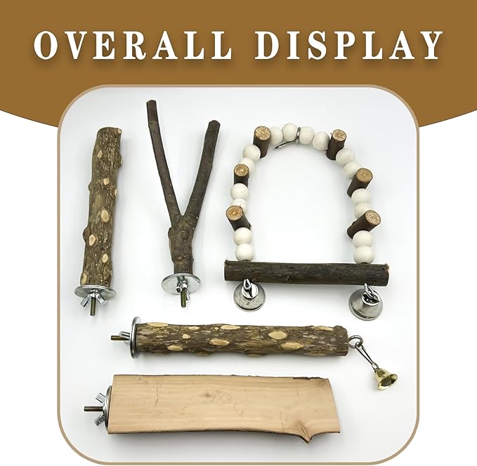 5Pcs Natural Wooden Bird Perch Set – Parrot Perch Toys, Bird Cage Toys, Cage Accessories for Budgies, Cockatiels, Lovebirds, Finches, and Other Small to Medium Birds