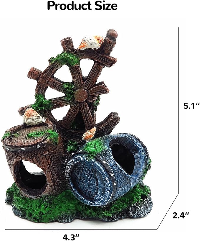 Mipukbay Fish Tank Decoration, Broken Ship Wheel & Cask Aquarium Decor Hiding Cave Ornament Landscaping Rock Resin Decoration