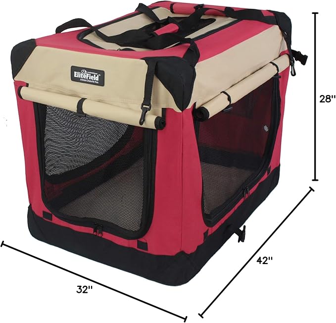 EliteField 4-Door Folding Soft Dog Crate with Curtains, Carrying Bag and Fleece Bed (2 Year Warranty), Indoor & Outdoor Pet Home (42" L x 28" W x 32" H, Red+Beige)