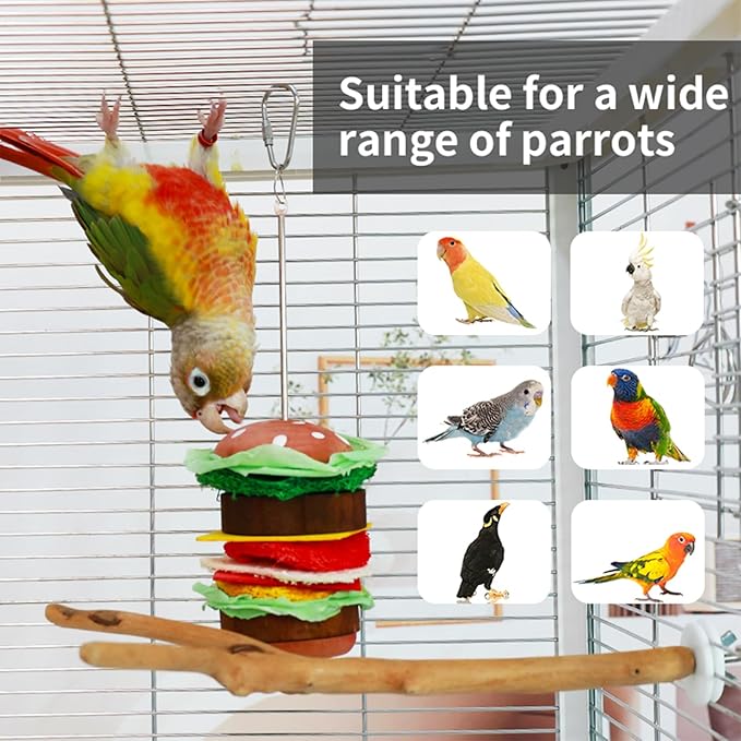 Bird Toys & Bird Perch, Bird Wooden Block Chewing Toy Parrot Foraging & Puzzle Toys Bird Cage Accessories for Conures Parakeets Cockatiels Lovebirds African Grey Macaws (Burger FruitFork)