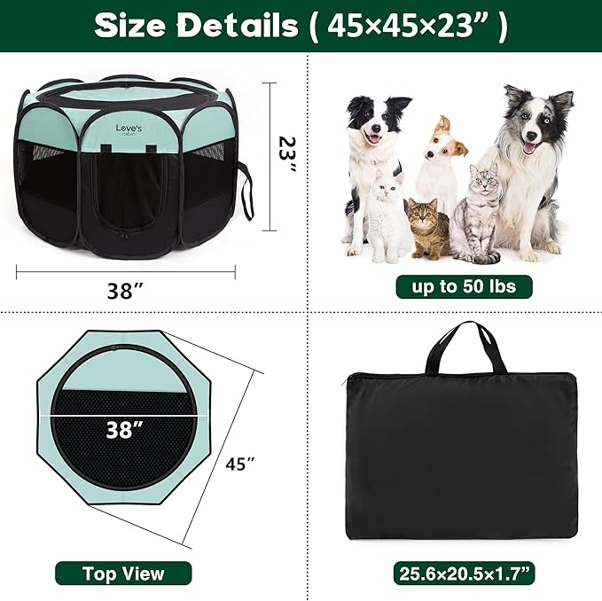 Love's cabin Pet Puppy Dog Playpen, Large Dog Tent Crates Cage Indoor/Outdoor, Portable Playpen for Cat, Foldable Pop Up Dog Kennel Playpen with Carring Case, Removable Zipper Top, Green