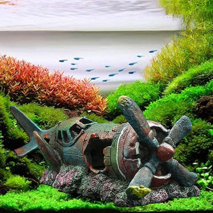Fish Tank Decoration Fighter Vintage Airplane Ruins Submarine Landscape Fish Shrimp Shelter Cave Hideout Resin Aquarium Decor Turtle Tank Decoration