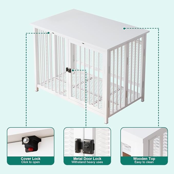 Heavy Duty Dog Crate Furniture, Fully Assembled exc. Locks, All Metal Frame & Wooden Tabletop, Modern Kennel for Small/Medium Dog, End Table, Sturdy, Foldable, White