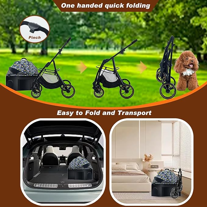 Pet Stroller 3 in 1 Folding Lightweight Dog Stroller with Detachable Carrier & Storage Basket, Premium 4 Wheels Travel Stroller for Small/Medium Pet (Blue)