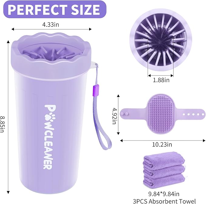 Dog Paw Cleaner for Dogs, (with 3Pcs Absorbent Towels & Adjustable Bath Brush) Dog Paw Washer,Pet Foot Cleaner (Purple, Large)