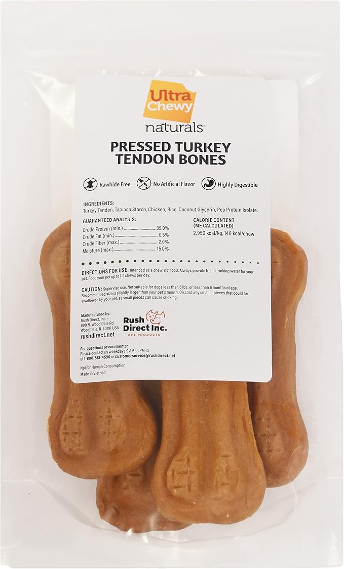 Ultra Chewy Turkey Tendon Pressed Bones for Dogs - Premium All-Natural, Hypoallergenic, Long-Lasting Dog Chew Treat, Easy to Digest, Ingredient Sourced from USA (4 Inches - 4 Pack)